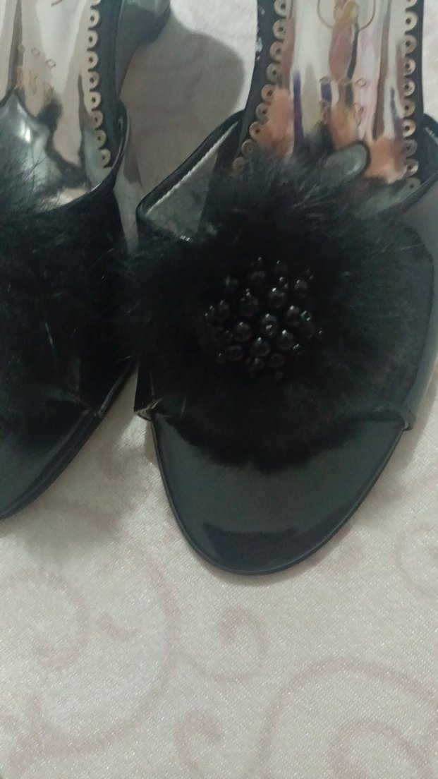 Siyah Kürklü Dolgu Topuklu Gelin Terliği | Çeyiz Terliği - Görsel 4