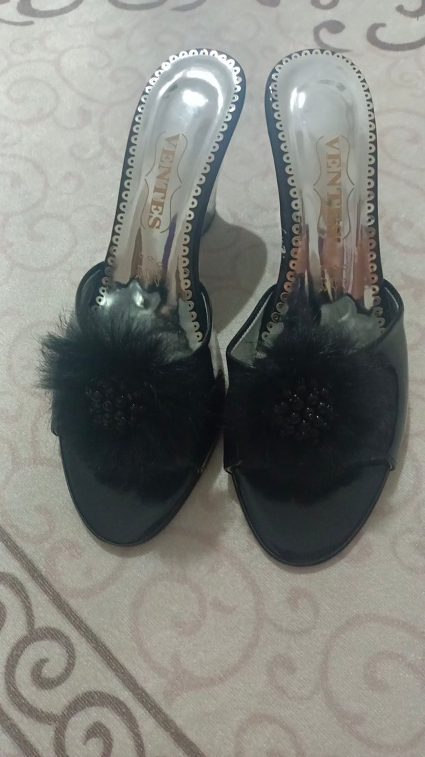 Siyah Kürklü Dolgu Topuklu Gelin Terliği | Çeyiz Terliği - Görsel 5