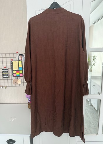 46 Beden kahverengi Renk Düğmeli Kahverengi Uzun Keten Tunik