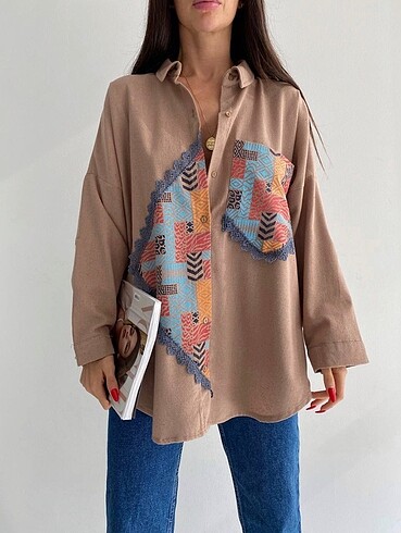 Diğer Etnik Desen Vizon Oversize Gömlek