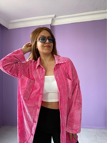 Diğer Oversize Pembe Kadife Gömlek