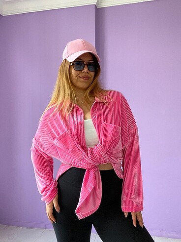l Beden Oversize Pembe Kadife Gömlek