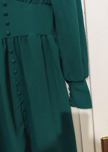 Yeşil V Yaka Midi Düğmeli Kadın Elbise - Görsel 3