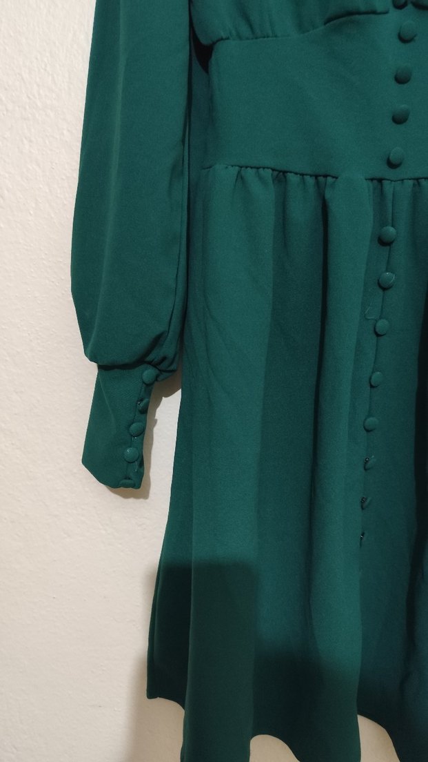 Yeşil V Yaka Midi Düğmeli Kadın Elbise - Görsel 2