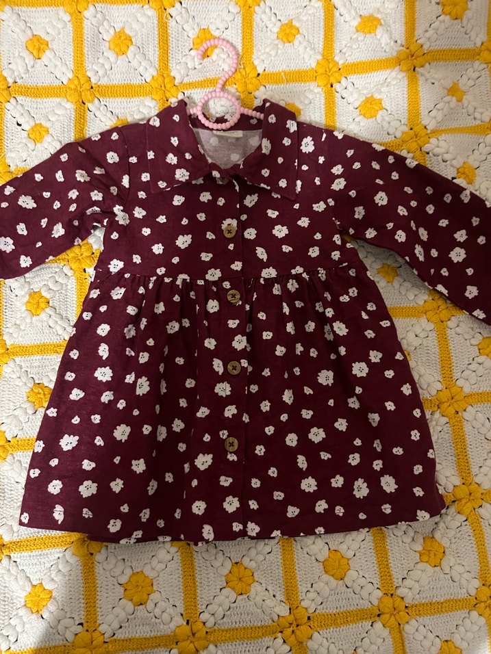 Bordo Çiçekli Uzun Kollu Kız Elbisesi - Görsel 3