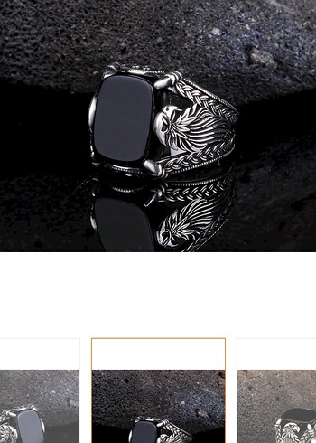 Siyah Taşlı kartal model gümüş Erkek Yüzük - Görsel 2