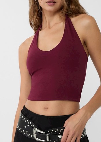 Bordo V Yaka İnce Askılı Crop Top