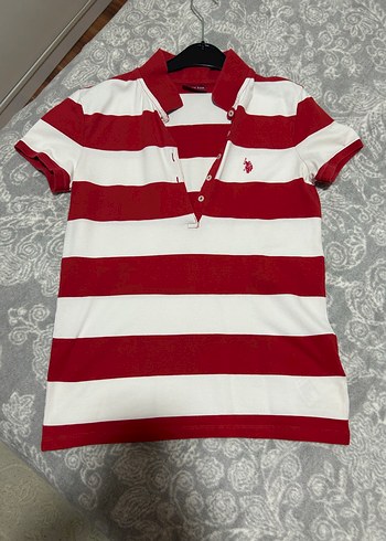 Kırmızı Beyaz Çizgili Kadın Polo Tişört