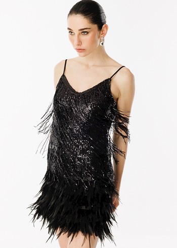 Püsküllü Siyah Mini V Yaka Abiye Elbise - Görsel 6