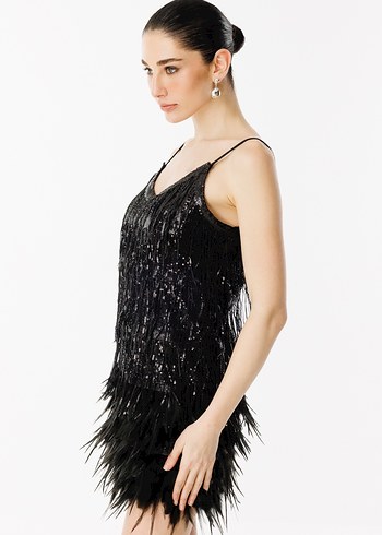 Püsküllü Siyah Mini V Yaka Abiye Elbise - Görsel 5