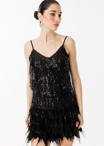 Püsküllü Siyah Mini V Yaka Abiye Elbise - Görsel 3