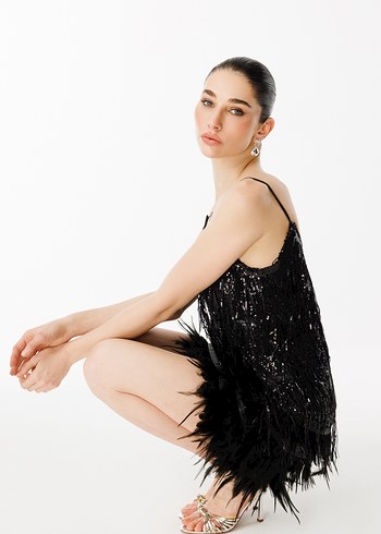 Püsküllü Siyah Mini V Yaka Abiye Elbise - Görsel 7