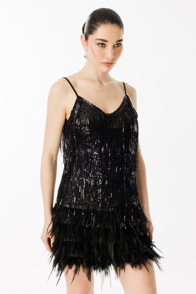 Püsküllü Siyah Mini V Yaka Abiye Elbise - Görsel 4