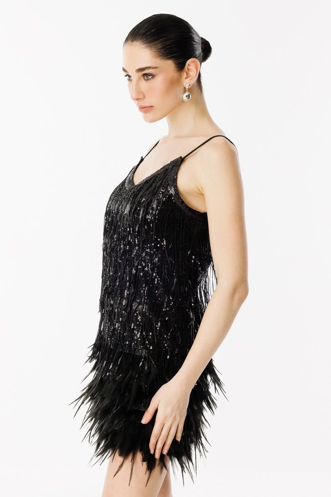 Püsküllü Siyah Mini V Yaka Abiye Elbise - Görsel 5