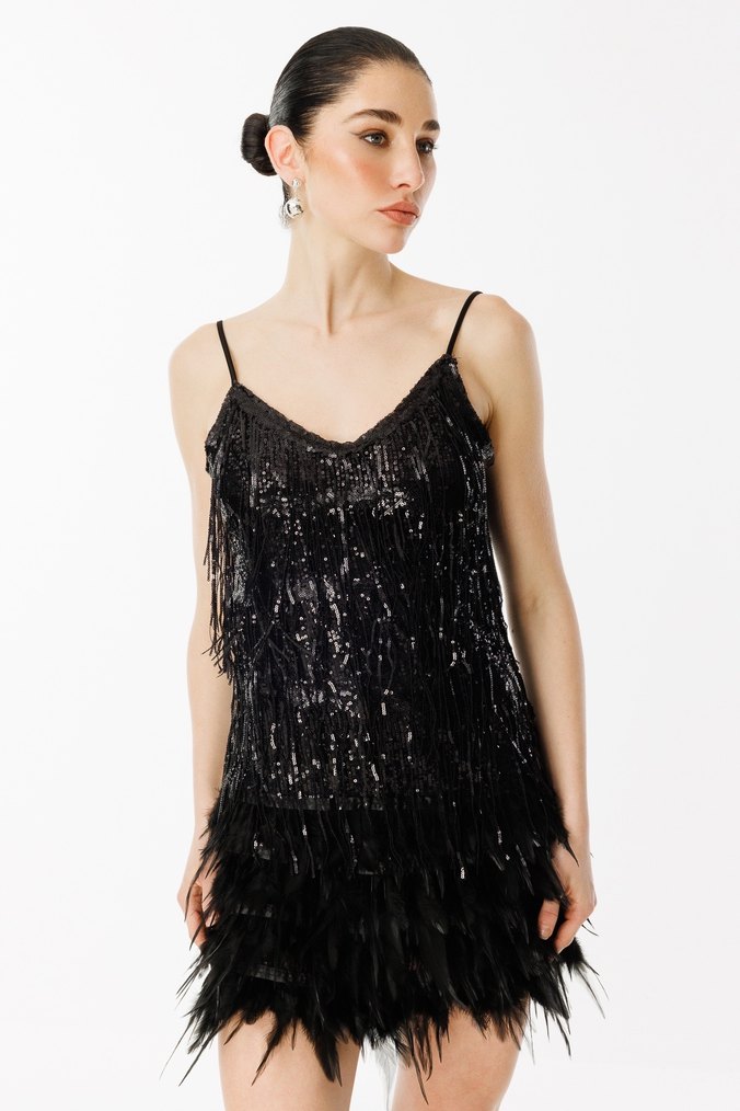 Püsküllü Siyah Mini V Yaka Abiye Elbise - Görsel 3