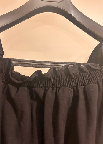 Siyah Uzun Keten Elbise, Fırfırlı, Geniş Kesim - Görsel 6