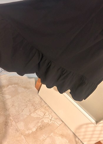 Siyah Uzun Keten Elbise, Fırfırlı, Geniş Kesim - Görsel 3