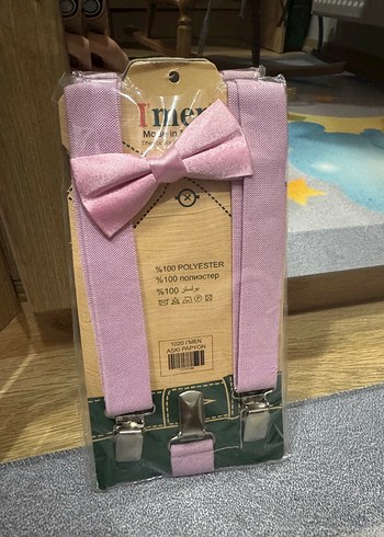 Pembe Vintage Çocuk Papyon ve Askı Seti