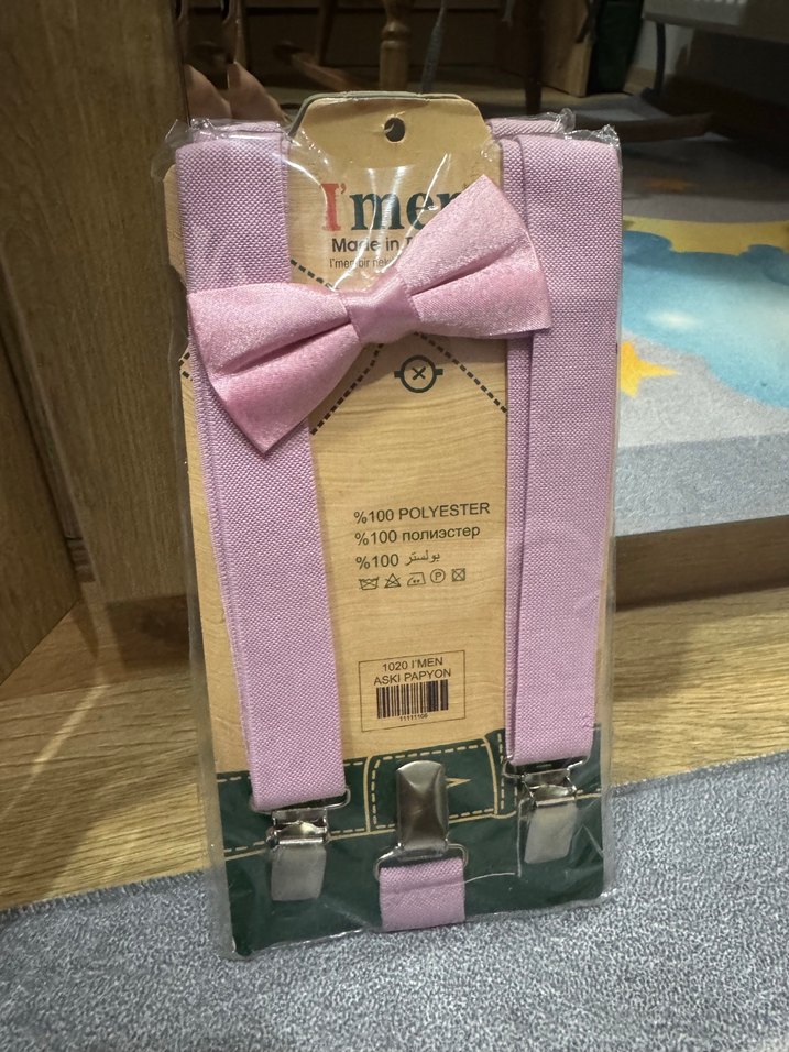 Pembe Vintage Çocuk Papyon ve Askı Seti - Görsel 2