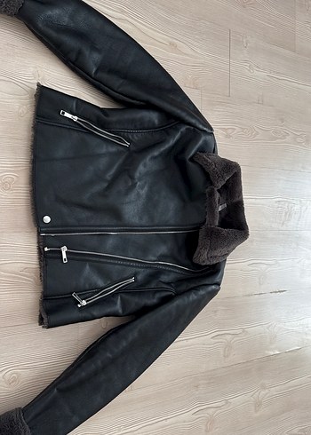 l Beden siyah Renk Kürk Detaylı Siyah Deri Biker Ceket