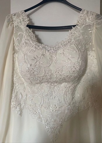 Dantel Detaylı V Yakalı Uzun Kollu Beyaz Gelinlik - Görsel 2