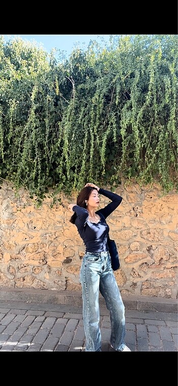 Soluk renk mavi wide leg vintage jean