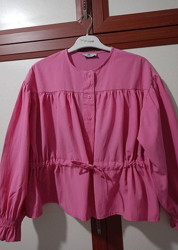 diğer Beden pembe Renk Pembe Pamuklu Düğmeli Uzun Kollu Mini Gömlek