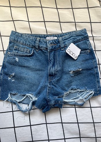Mavi Yırtık Denim Mini Şort