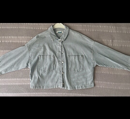 Çizgili Mavi Crop Denim Gömlek