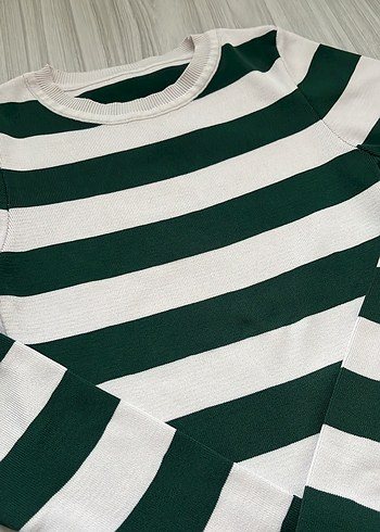 Çizgili Beyaz Gri Triko Kadın Kazak - Görsel 2