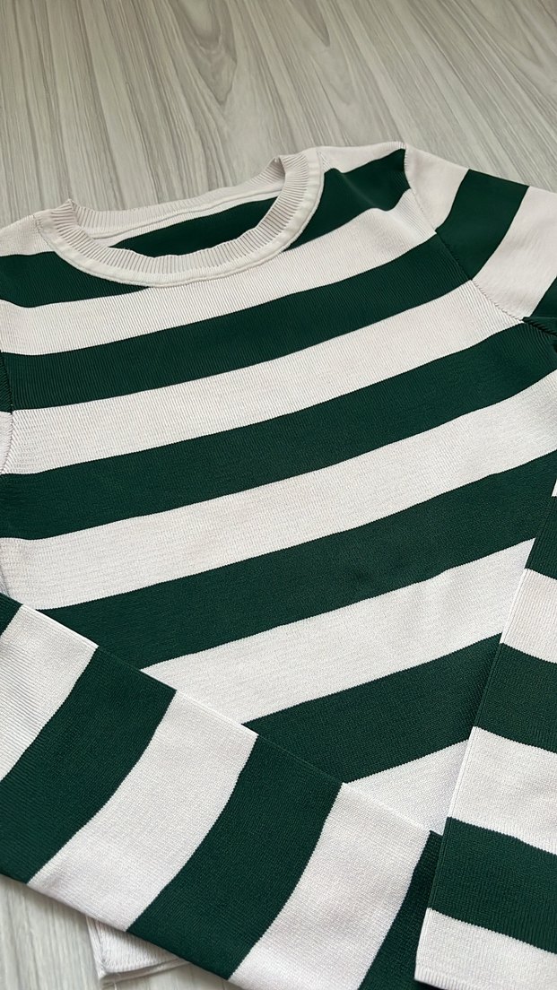 Çizgili Beyaz Gri Triko Kadın Kazak - Görsel 2