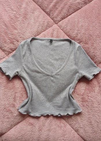 Gri V Yaka Fitilli Crop Top - Görsel 2