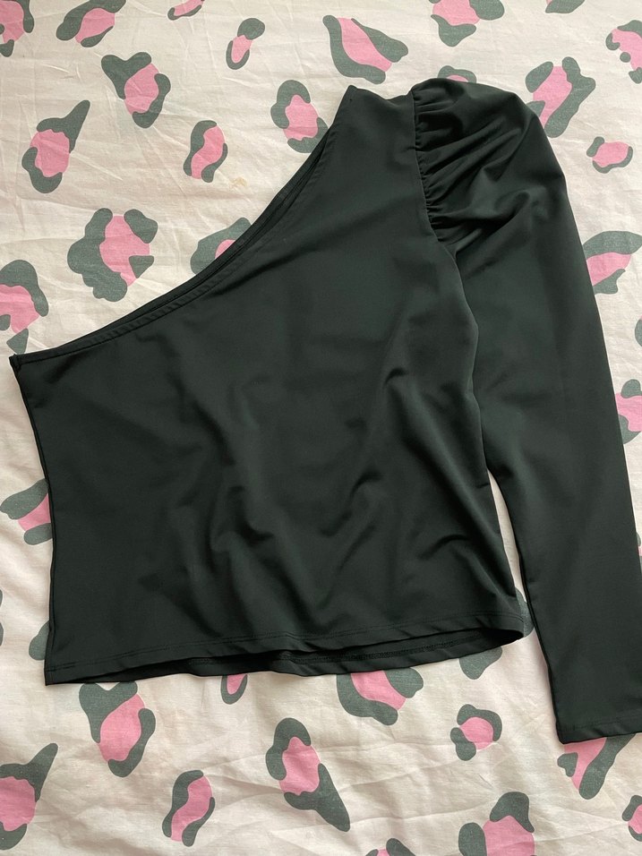 Tek Omuz Uzun Kollu Siyah Bluz - Görsel 2