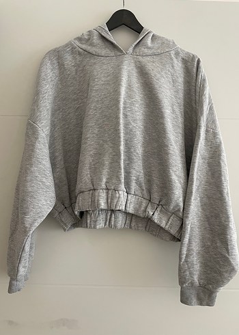 xxl Beden Kısa Gri Kapüşonlu Kadın Sweatshirt