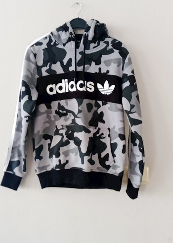 Adidas Erkek Gri Kamuflaj Kapüşonlu Sweatshirt