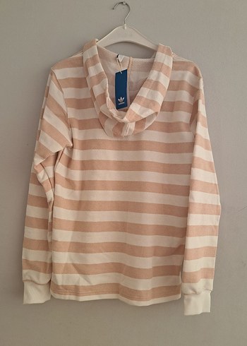 Adidas Bej Çizgili Kapüşonlu Düğmeli Sweatshirt