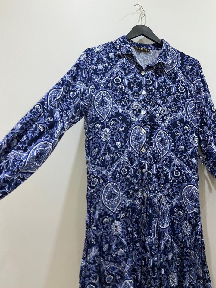 Bohem Uzun Lacivert Desenli Elbise - Görsel 4