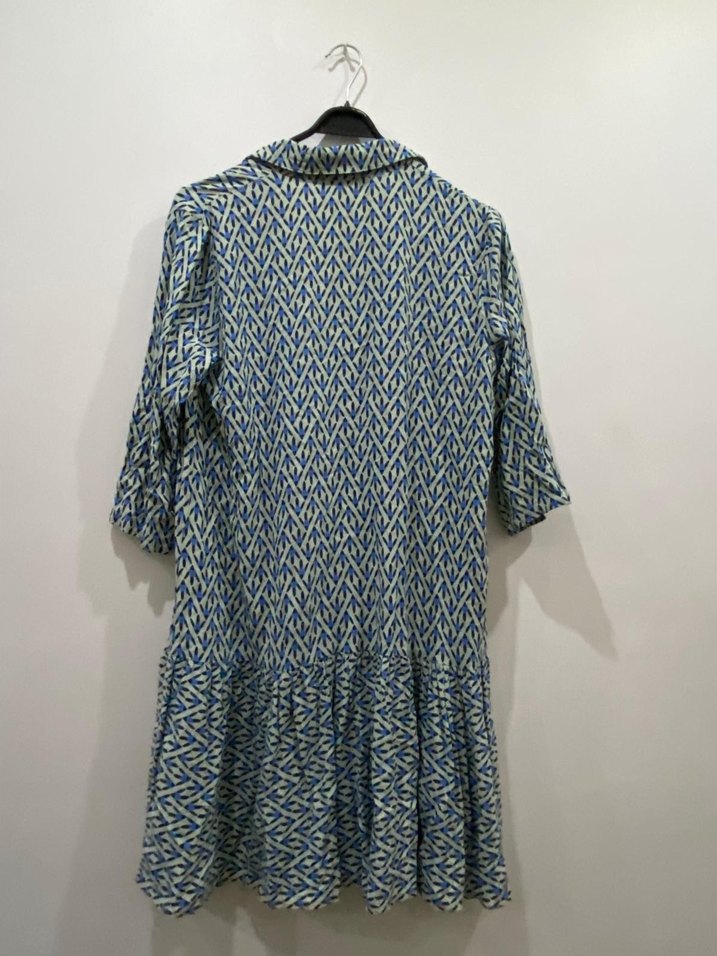 V Yaka Gri Mavi Desenli Kadın Elbise - Görsel 2