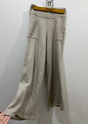 Bej Örgü Detaylı Bol Kesim Keten Pantolon - Görsel 3