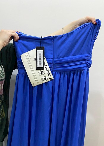 Mavi Drapeli Uzun Straplez Kadın Abiye Elbise Etiketli - Görsel 4