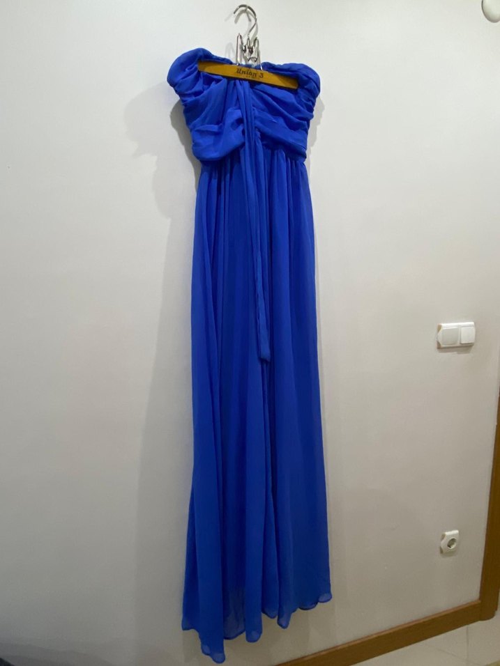 Mavi Drapeli Uzun Straplez Kadın Abiye Elbise Etiketli - Görsel 2
