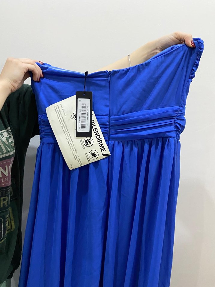 Mavi Drapeli Uzun Straplez Kadın Abiye Elbise Etiketli - Görsel 4