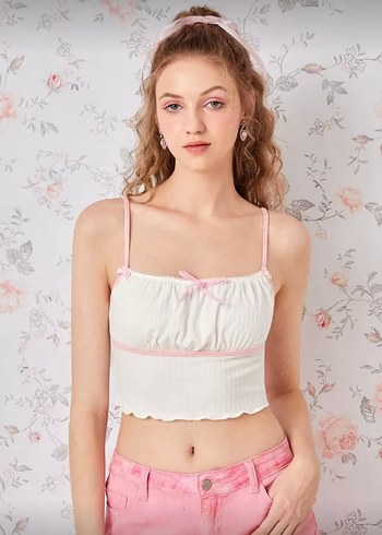 xs Beden Pembe Kurdele Detaylı Beyaz Crop