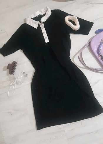 Düğmeli Siyah Midi Kadın Elbise - Görsel 4