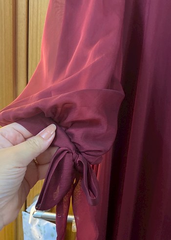 Abiye Bordo Uzun Kol bağlama Detaylı Elbise