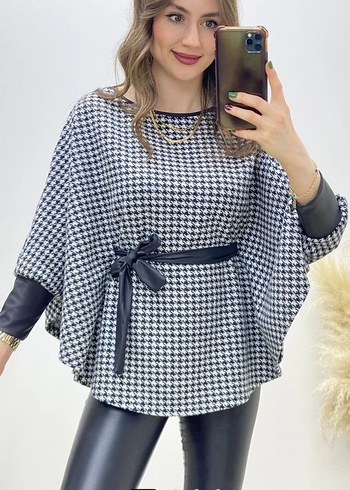 Kemerli Gri Kareli Mini Kadın Panço - Görsel 2