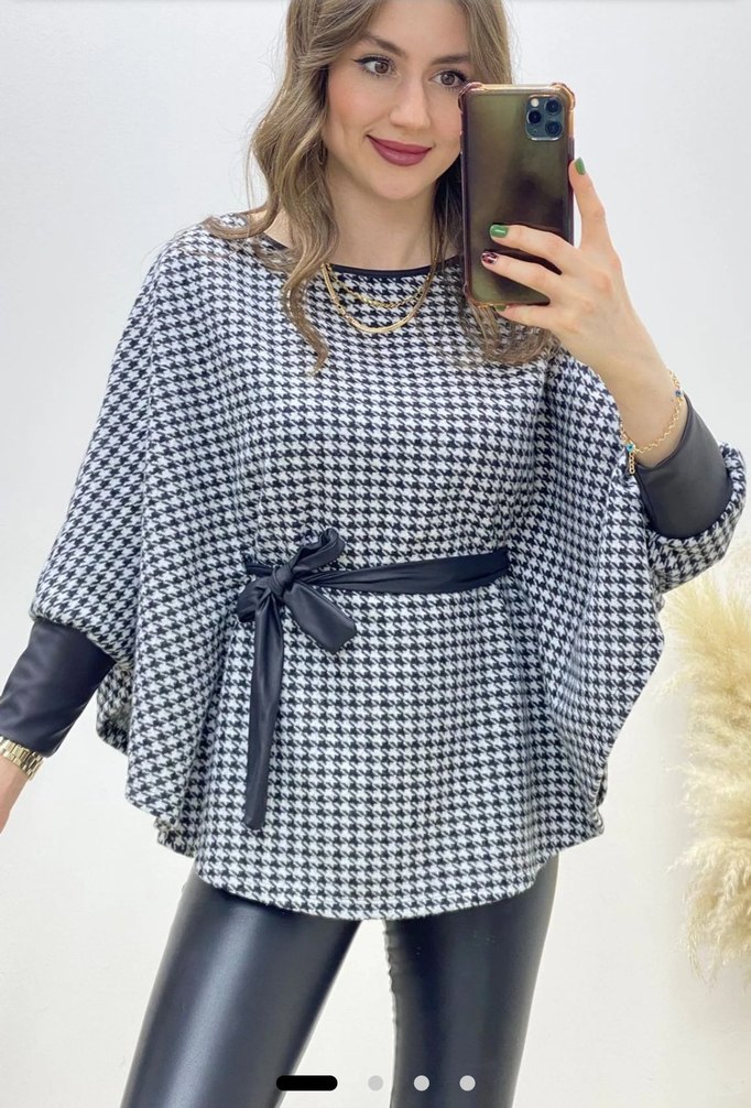 Kemerli Gri Kareli Mini Kadın Panço - Görsel 2