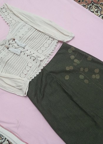 Düğmeli Nakışlı diz üstü Etek - Görsel 5