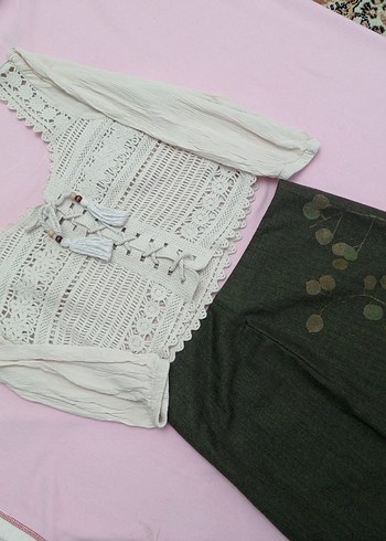 Düğmeli Nakışlı diz üstü Etek - Görsel 4