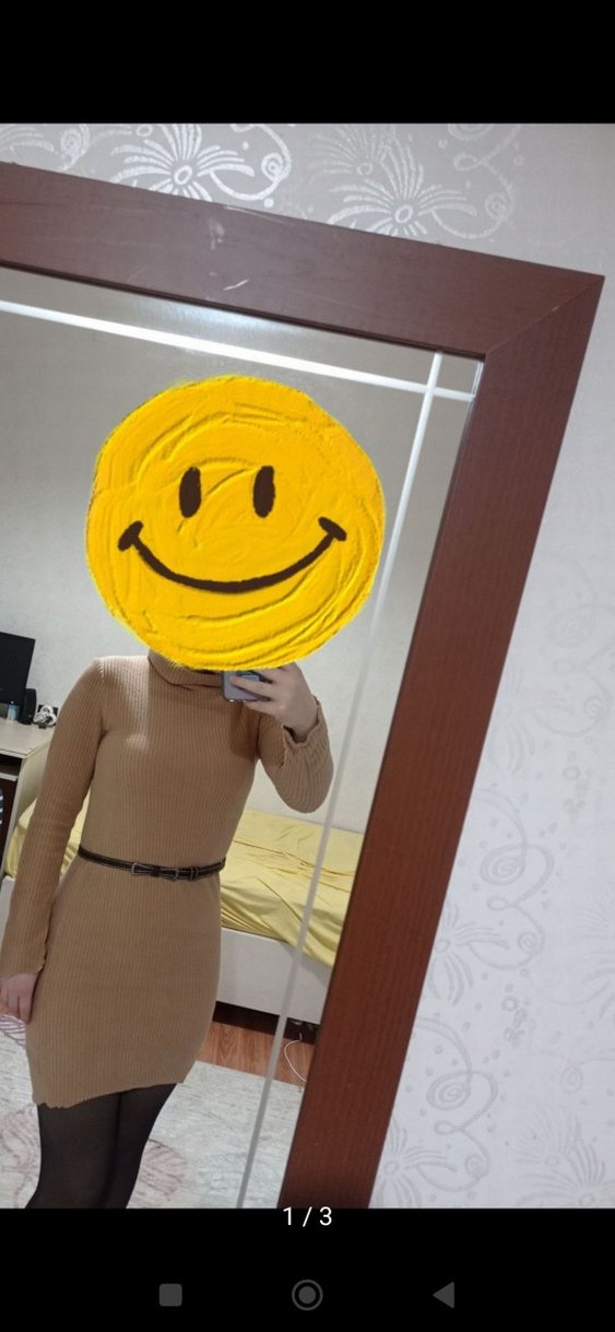 Bej Kemerli Boğazlı Triko Elbise - Görsel 3